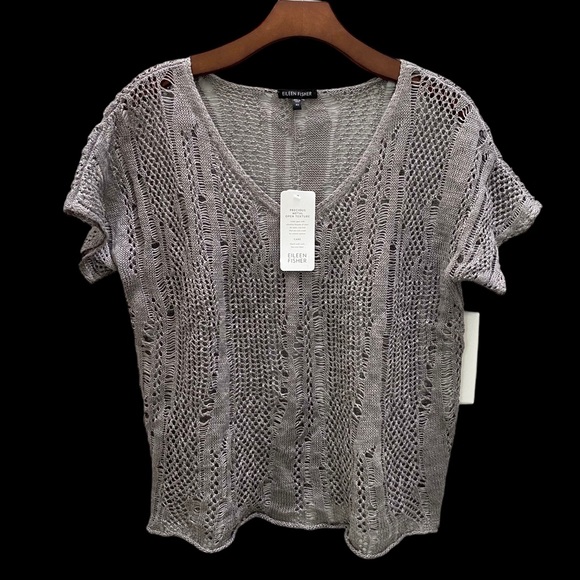 Eileen Fisher Precious Metal Open Texture Linen Silver V Neck S/S Top XS - Picture 4 of 11